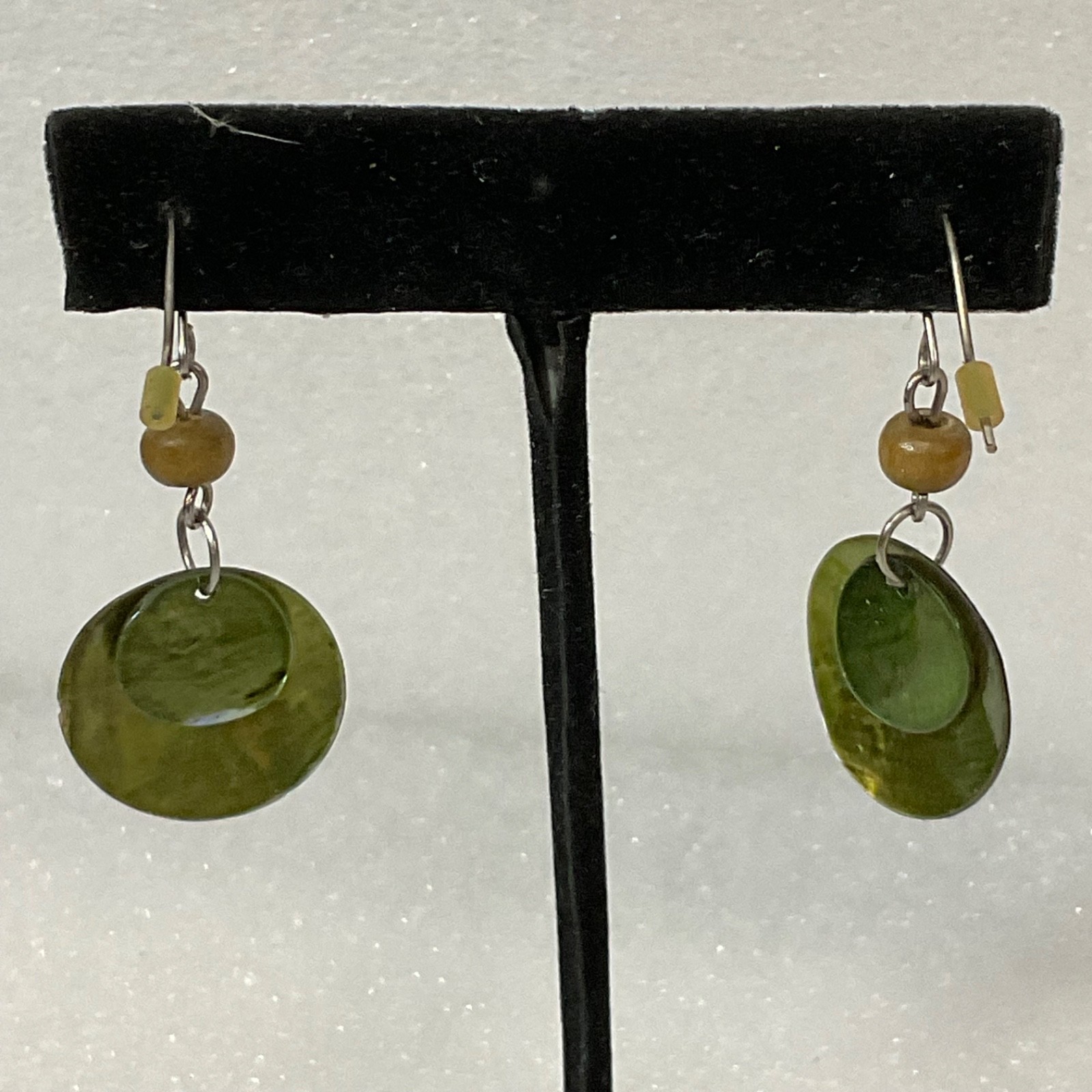 Green Shell Disc Dangle Drop Earrings Boho Beaded… - image 6