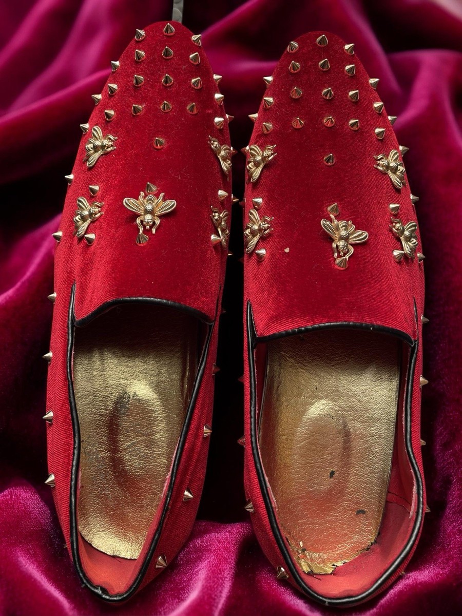 Men\'s Red Rubber Velvet Leather Glitter With Gold Buckle Loafers Slip On Shoes Men main image 2