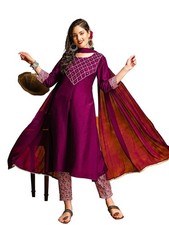 Women's Embroidered and Mirror Work Silk Blend A-Line kurta pant with dupatta