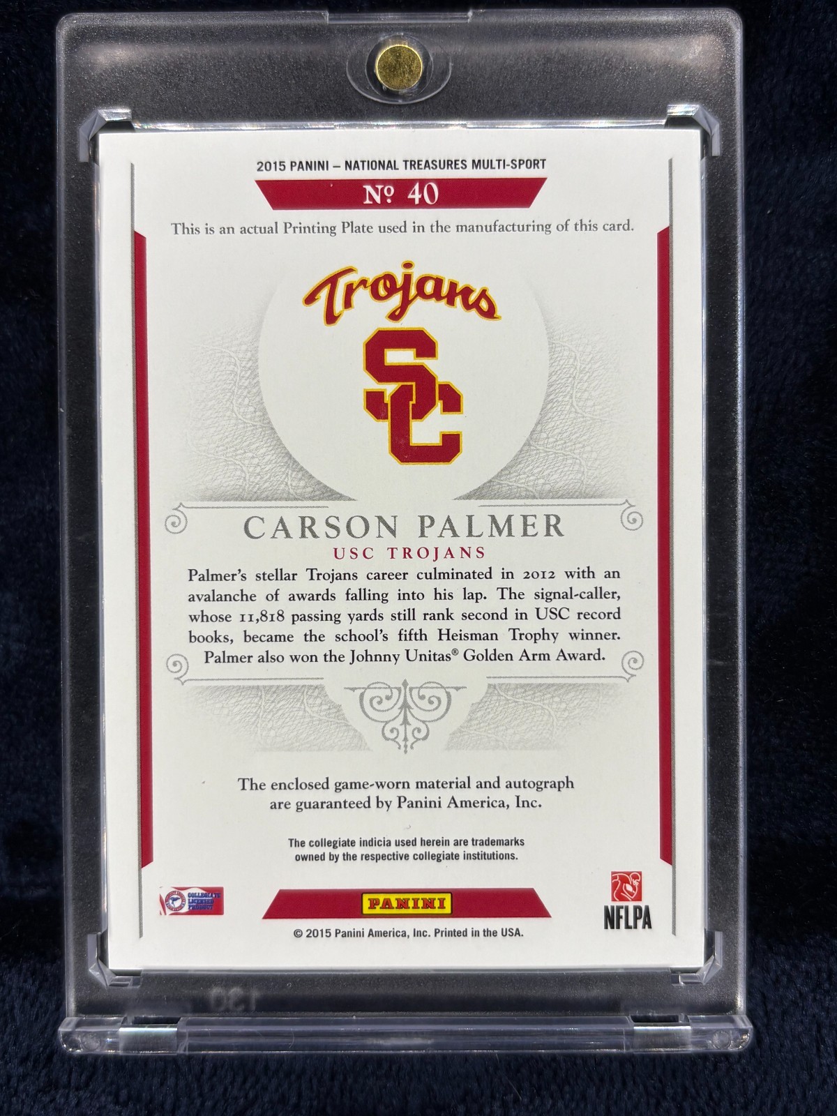 2015 NATIONAL TREASURES CARSON PALMER USC GAME-USED PATCH AUTO SSP /15 TROJANS view 2