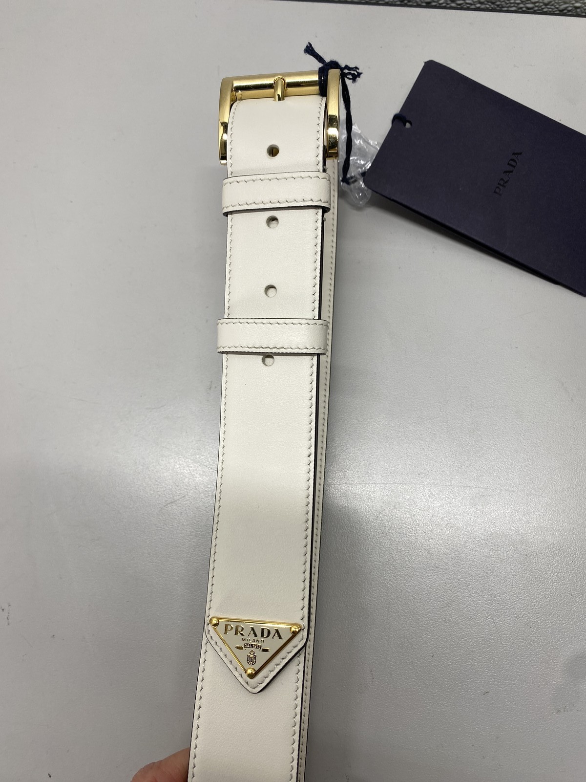 Prada Womens Premium Leather Smooth Belt Gold Buckle Size 33 Ivory thumbnail 9