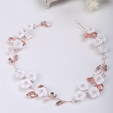 Rose Gold Flower Wedding Headband, Crystal, Pearl, Leaf, Bride Hair Vine