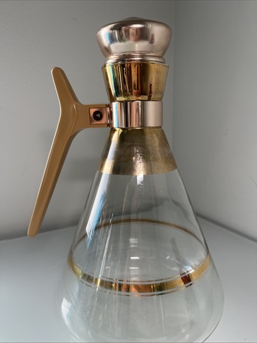 Vintage Mid-Century Glass Carafe Copper Top Coffee Juice Water Pitcher