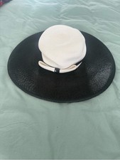 Vintage 1960s Alfreda Inc Picture Hat Mod Black White Wide Brim Straw Sun Derby