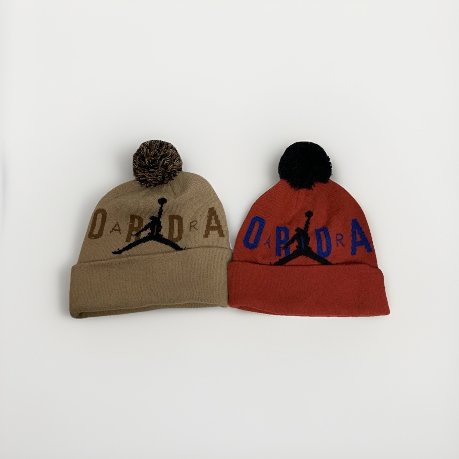 Lot of 2 Nike Air Jordan Jumpman Youth Kids Beanie Hats Red & Tan Size 10-12y