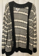 Talbots Hand Knit Black Ivory Cotton Rayon Open Front Crochet Cardigan Size XL