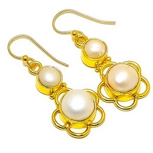 Authentic Natural Fresh Water Pearl 18k Yellow Gold Plated Earring 1.64" E7-332
