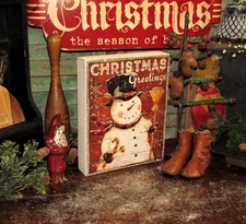 Primitive Antique Vtg Style Red Christmas Frosty Snowman w/ Broom Wood Sign