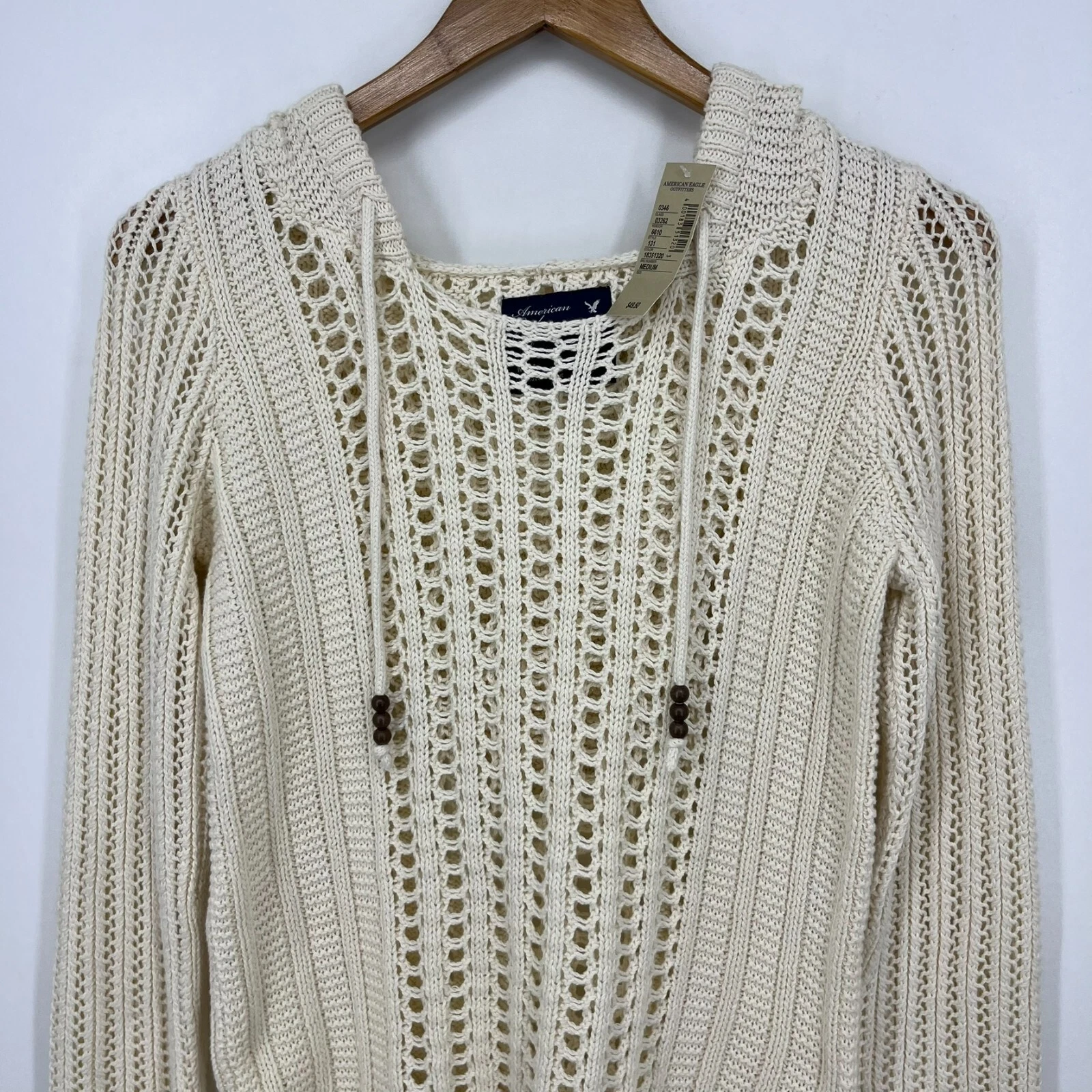OFF WHITE Felpa con cappuccio American Eagle all'uncinetto donna taglia M panna maglia pullover Y2K nuova con etichetta