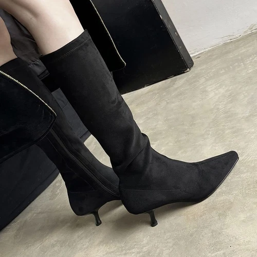 Womens Suede Square Toe Kitten Heel Stretched Knee Length Boots Chic Shoes - Bild 3 von 17