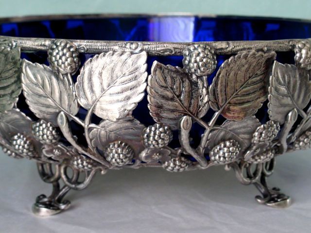 Berndorf Austria Antique Art Nouveau SP Bridal Basket Cobalt Blue Glass ca. 1880