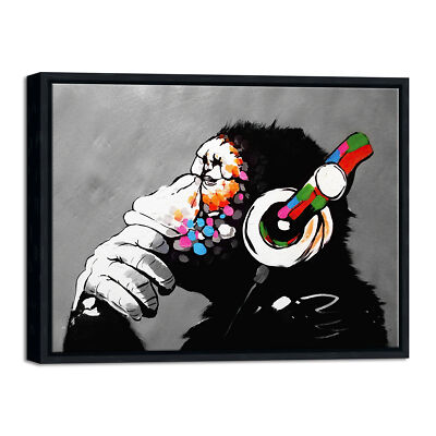 Black Framed Monkey With Headphones of Banksy DJ Chimp Pop Art Canvas Prints
