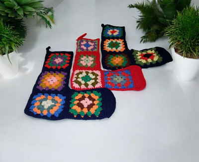 1960s 3 Multicolor Christmas Stocking Crochet Granny Square Open Stitch Handmade