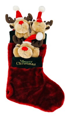 Vintage Christmas Stocking 3D Plush Moose Reindeer Santa Hat Red Hanging Retro 