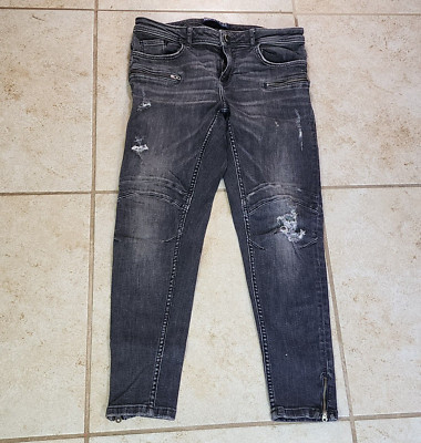 Zara Basic Z1975 Denim Jeans Black Zipper Skinny Ankle Distressed Womens 08