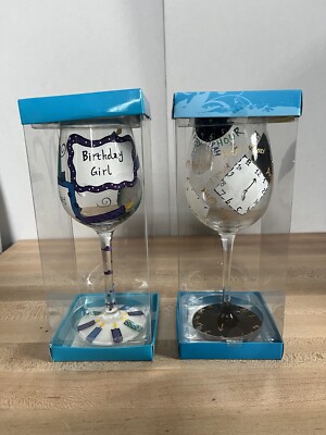 DE-LITE Hand-Painted ''Happy Hour'' Wine Glass / Goblet & Birthday Girl. Lot Of 2