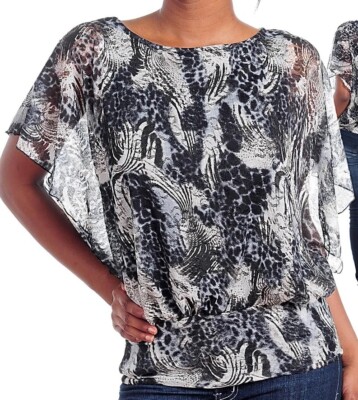 Gray/Black Zebra Leopard Animal Mesh Flutter Sleeve Blouse Top