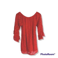 Win Win Lace Overlay Tunic-Medium-Red-Convertible-Bell Sleeves-Sheer Detail