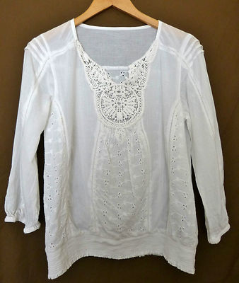 Tunique En Coton Avec Dentelle Manches ¾ - Taille 38, Blanc, Neuf Sans étiquettes, Femme