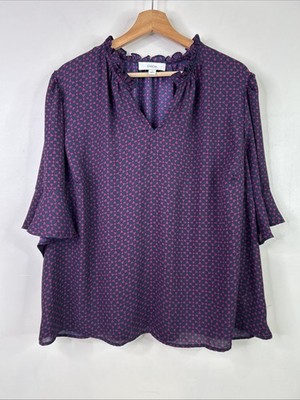 Cece Women s 3X Navy Purple V Ruffle Neck Flowy Sleeve Blouse
