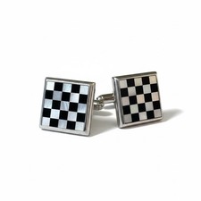 Sterling Silver 925 Black Mother of Pearl Checkerboard Cufflin