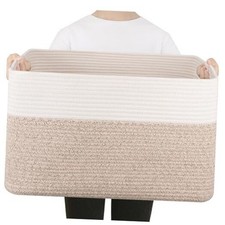Extra Large Laundry Basket, Cotton Rope Woven Blanket Basket 75L Brown  White