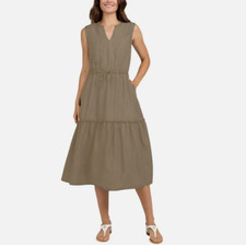 NWT Lands' End Women's Small Rayon Midi Dress Tiered Elastic Waist Tan V-Neck