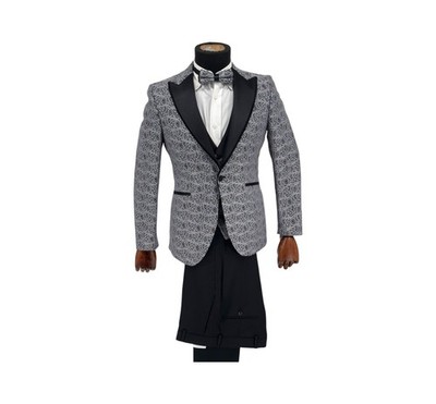 Men's Light Gray Sparkle 3 Piece Peak Lapel Sim Fit Tuxedo (Bow Tie Included)