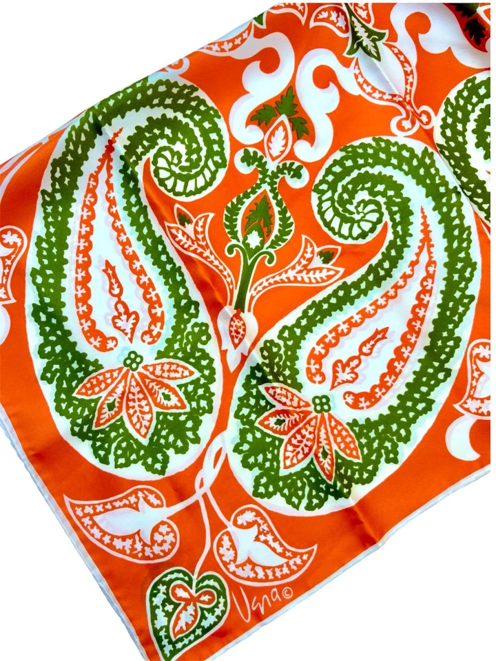 Vera зеленый и оранжевый пейсли узор вручную свернутый шарф, винтажный Vera Neumann - Изображение 3 из 4