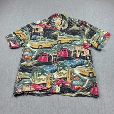 Vintage Paradise Found Shirt Mens 2XL XXL Green Red Camp Hawaiian Classic Cars