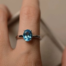 925 Sterling Silver Oval Solitaire Elegant Ring Swiss Blue Topaz Ring
