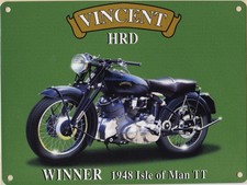 Vincent HRD motorcycle, 30x40cm metal wall sign, 1948 Isle of Man TT winner