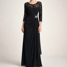 Cindy Black Lace Formal Evening Gown Size M Sequin Bodice Rhinestone Stretch