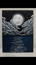 Metalic Acrylics Painting of The Moonlight and Clouds Signed by Artist 21x30cm