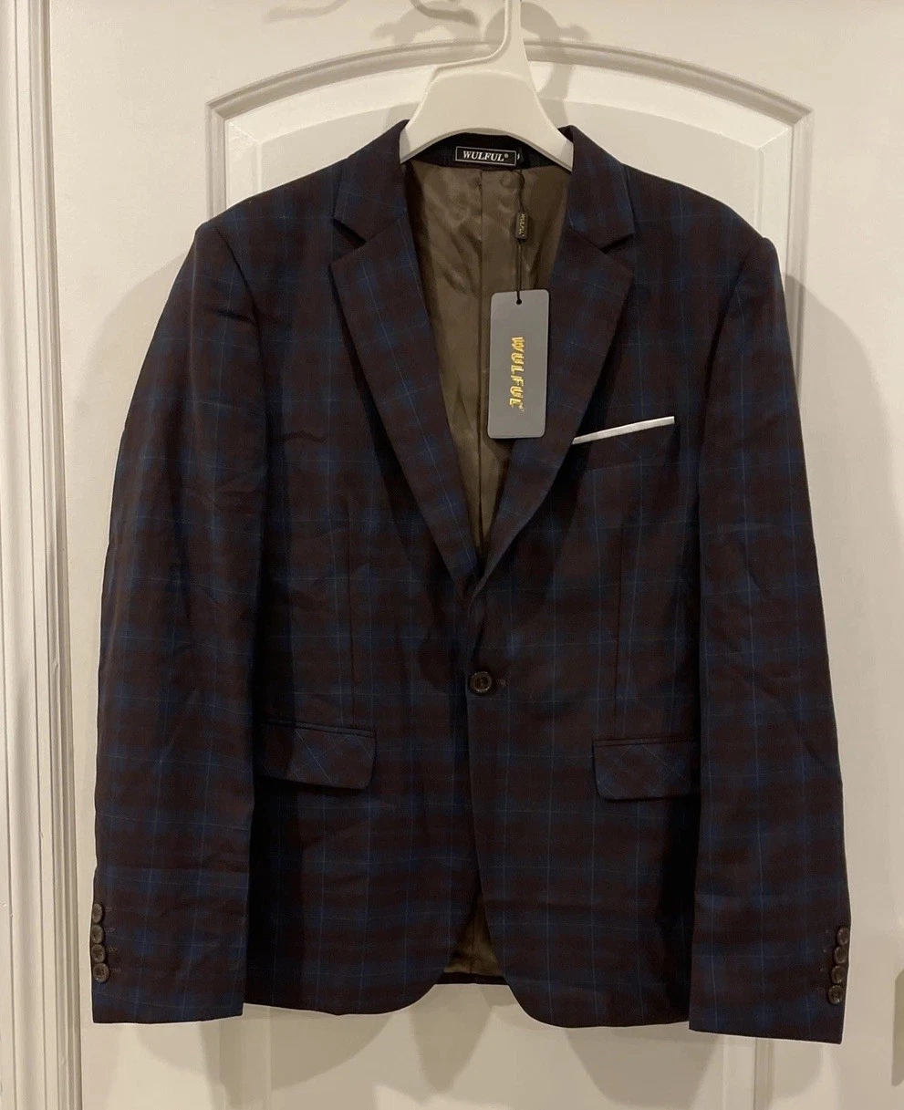 Wulful Plaid M Mens Sports Blazer Jacket One Button Brown Blue Double Vent