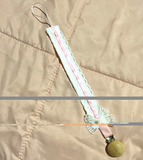 Pink White Lace Pacifier Clip Strap with Wooden Clip and Bow