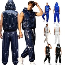 US Men 2pcs Set Tracksuit Streetwear Hood Top with Pants Sportswear Glossy Wind