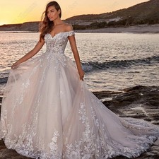 Appliques Off Shoulder Wedding Dresses A-line Sweep Train Beach Bridal Gowns