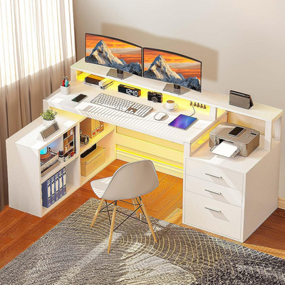 L Shaped Desk with Drawers, 65'' Computer Desk with Power Outlets & LED Lights, C