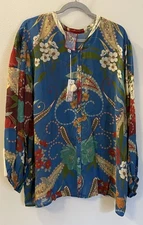 Johnny Was Teebee Tori Blue Floral Blouse Tropical Boho Festival sz 2X NWT
