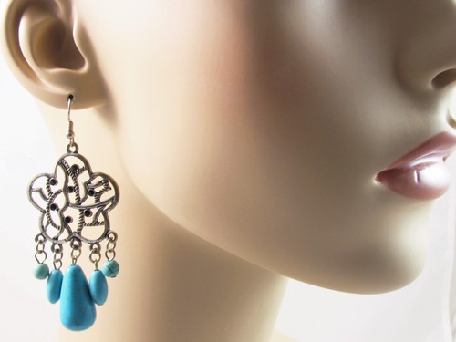 Vendedor de EE. UU. PENDIENTES TURQUESA moda vintage AZUL PLATA Colgante Flor Candelabro - Imagen 2 de 2
