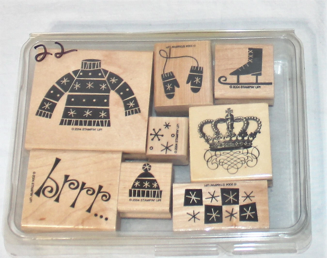8 Stampin Up winter stamps Hat, gloves, snow, sweater, crown, Brrr..., skates
