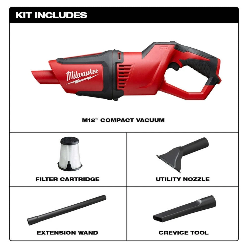 Milwaukee 0850 20 M12 12V Compact Vacuum w Crevice Tool Bare Tool