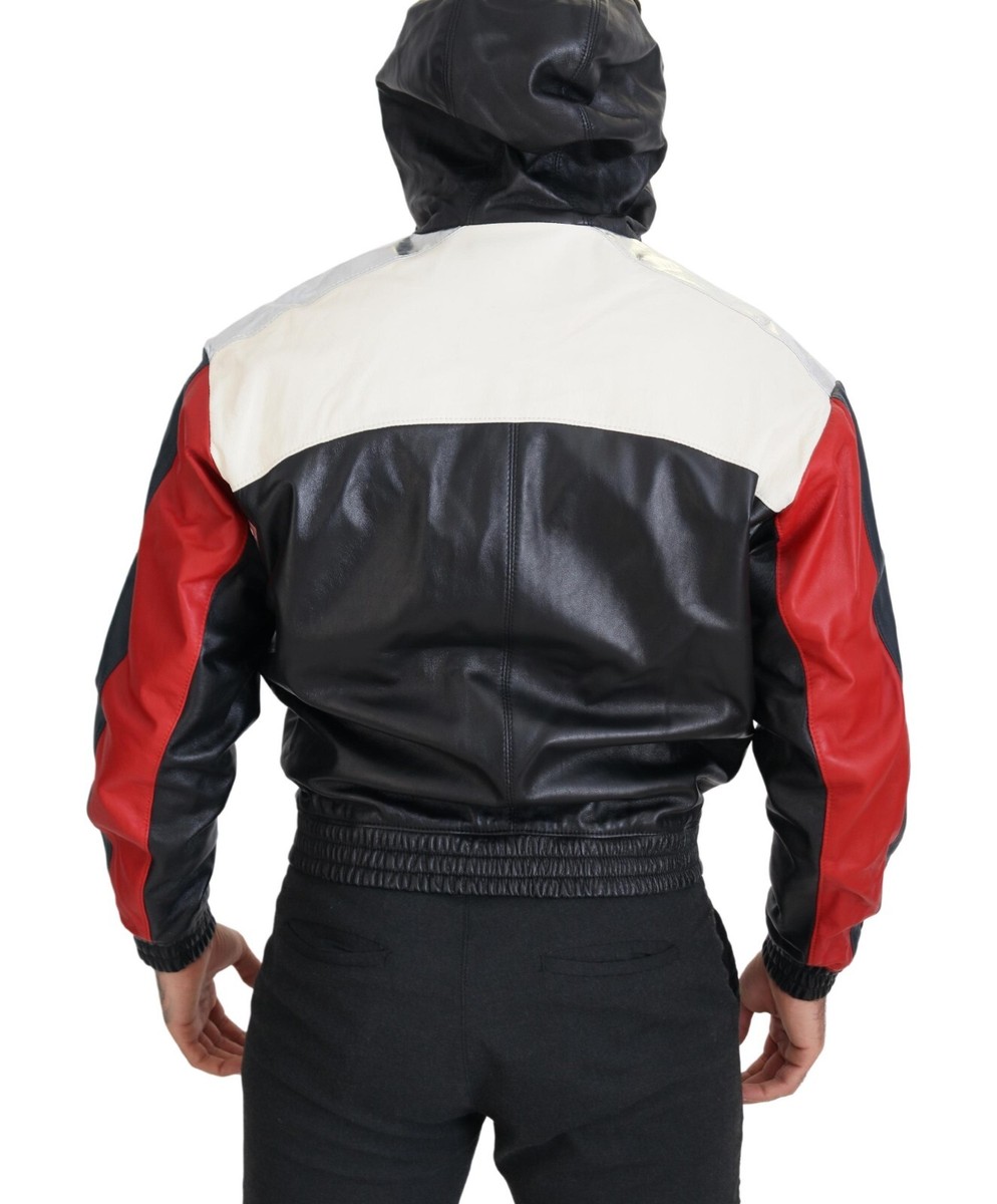 DOLCE & GABBANA Jacket Black Leather Hooded Blouson Coat IT46/US36