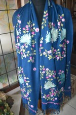 KASHMIRI CREWEL PEACOCK BLUE EMBROIDERED SHAWL 100 CASHMERE PASHMINA SCARF