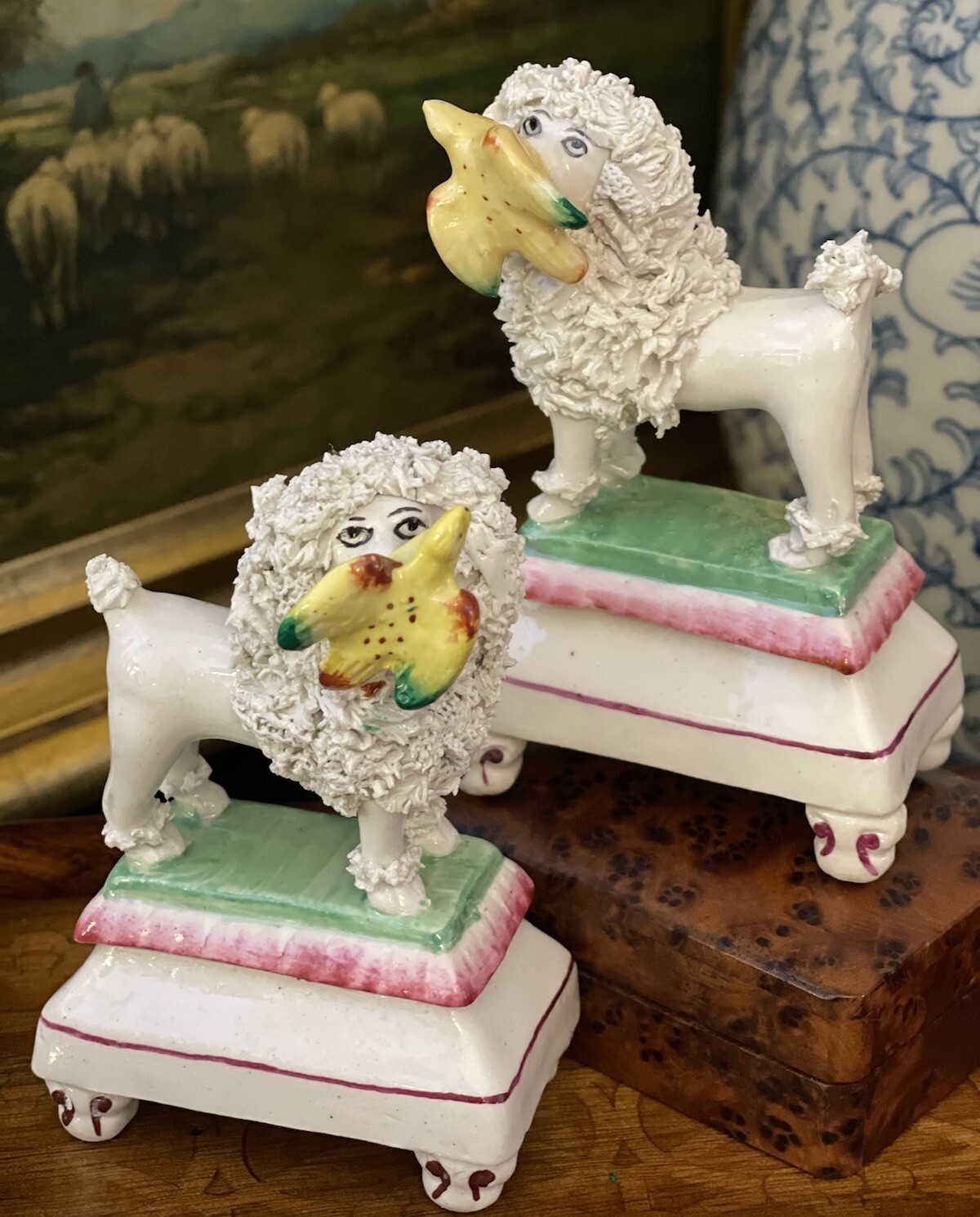 Stunning Rare Petite 19C English Staffordshire Spaniel Birds Mantle Dog Pair 4”