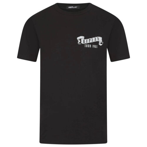 Replay Herren T-Shirt Tour 1981 Druck Rückseite Grafik Design Baumwolle T-Shirt in schwarz