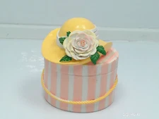 Two's Company Trinket Box Hat Floral Top Yellow Pink White Stripes