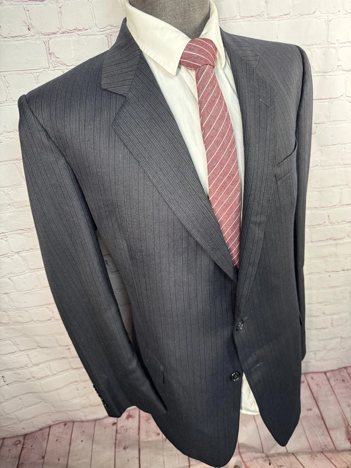 PIERRE CARDIN Mens Black Stripe Wool Flat Front 2pc Suit 41L Jacket 36x29 Pant - Image 4 of 4