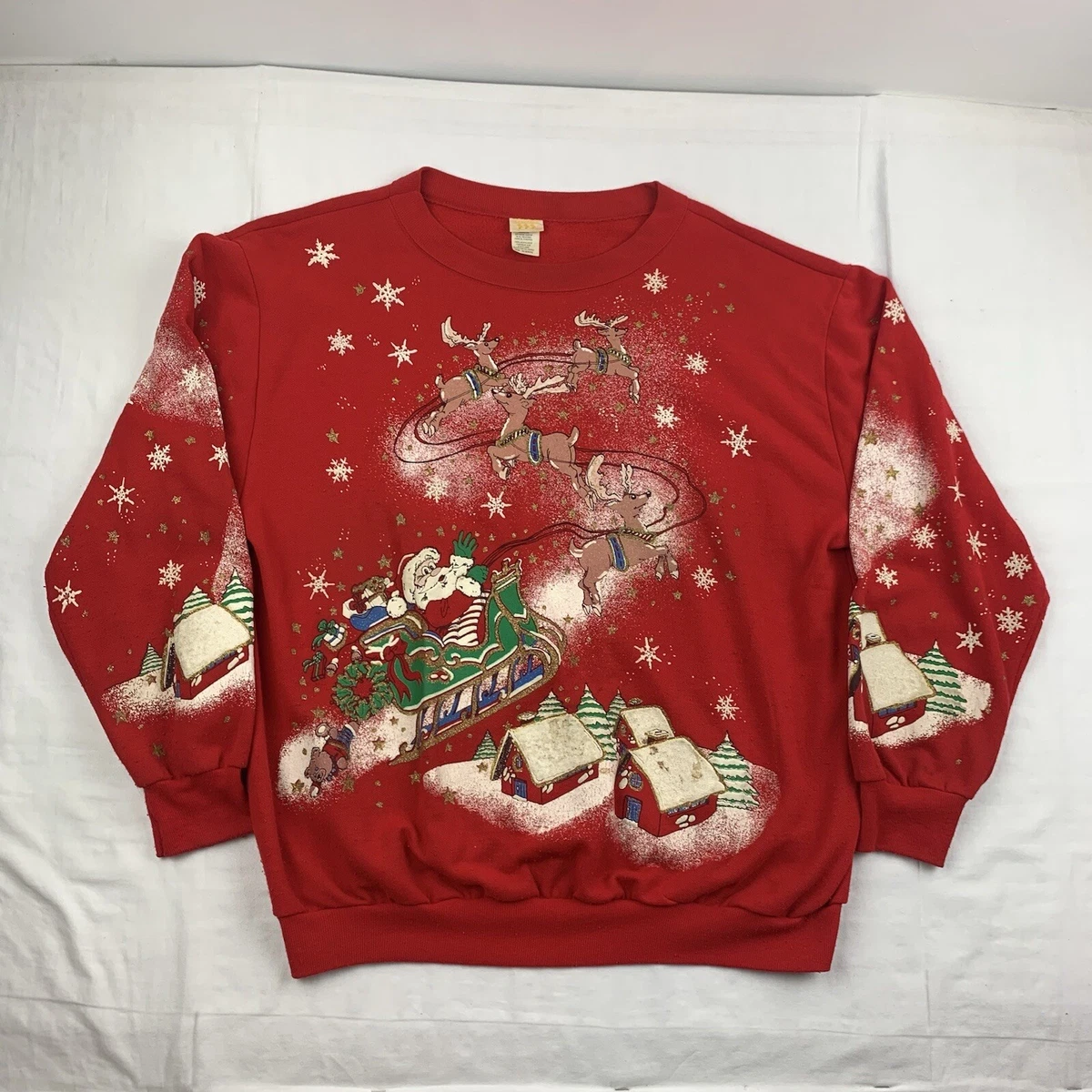 Vintage Christmas Sweatshirt Womens XL Red Santa Clause Winter Holiday All Over